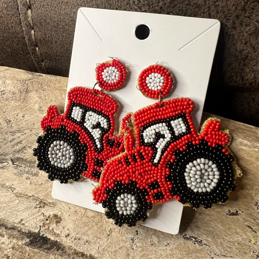 Red and Black Beaded Tractor Earrings